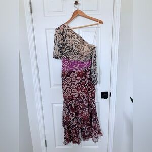 AMUR One-Shoulder Mixed Animal Print Maxi Dress in Cream, Pink and Brown